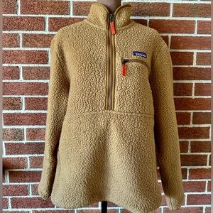 Patagonia Knit Fleece Pullover Sweater Brown Mock Neck Logo Zip Pockets, Size M
